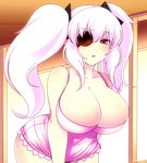  blush breasts cleavage dress eyepatch haseru_(ginku_mh) large_breasts leaning_forward long_hair looking_at_viewer open_mouth pink_dress red_eyes senran_kagura senran_kagura_shoujo-tachi_no_shin'ei solo twintails white_hair yagyuu_(senran_kagura) 