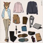  1boy animal_ears brown_hair cat_ears eyes_closed gloves hand_in_pocket male_focus ootorii_bisetsu original scarf shoes smile solo watch 