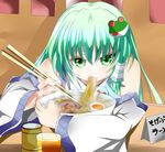  :p bowl chopsticks cup detached_sleeves eating egg food frog_hair_ornament glass green_eyes green_hair hair_ornament hair_tubes highres kochiya_sanae long_hair looking_at_viewer meat noodles ramen seno_(nanrandesu) sign snake soup steam tongue tongue_out touhou 