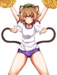  :3 alternate_costume animal_ears arms_up blush brown_eyes brown_hair cat_ears cat_tail cheerleader chen earrings gym_uniform hat highres jewelry looking_at_viewer multiple_tails nekomata pom_poms puffy_sleeves shirt short_shorts short_sleeves shorts simple_background single_earring solo tail touhou white_background zan_(harukahime) 
