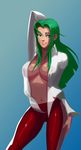  arm_up breasts contrapposto eyeshadow green_eyes green_hair large_breasts long_hair makeup morganagod morrigan_aensland navel no_bra open_clothes open_shirt pants pose red_pants shirt simple_background smile solo standing unbuttoned vampire_(game) 