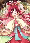  an-mar chinese_clothes flower hair_ornament hair_rings hair_stick hanfu highres long_hair magi_the_labyrinth_of_magic red_eyes red_hair ren_kougyoku smile solo 