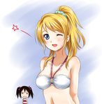  ayase_eli bikini black_hair blonde_hair blue_eyes blue_scrunchie breast_envy breasts cleavage kirisamemaru long_hair love_live! love_live!_school_idol_project medium_breasts multiple_girls o-ring o-ring_top one_eye_closed ponytail red_eyes scrunchie smile swimsuit twintails yazawa_nico 