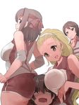  :d @_@ ass blonde_hair breast_press breast_rest breasts breasts_on_head brown_eyes brown_hair girl_sandwich girls_und_panzer gym_shorts gym_uniform hair_slicked_back hairband harepore head_on_butt isobe_noriko kawanishi_shinobu kondou_taeko large_breasts multiple_girls open_mouth sandwiched sasaki_akebi short_hair shorts simple_background sleeveless smile sportswear volleyball_uniform wavy_mouth white_background yuri 