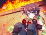  bad_id bad_pixiv_id boots brown_hair chibi fingerless_gloves fire fuyuririm gloves green_eyes headband jojo_no_kimyou_na_bouken joseph_joestar_(young) male_focus ribbon severed_hand sitting solo 