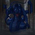  bars blue_eyes blue_hair cage dripping fangs forked_tongue four_arms foxenawolf hair male multi_limb multiple_arms naga nails reptile scalie sewer snake solo teeth tongue tongue_out water wet 