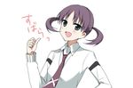  blue_eyes blush cardigan catchphrase dress_shirt hanada_kirame kenao long_sleeves necktie open_mouth purple_hair saki saki_achiga-hen school_uniform shirt short_hair short_twintails smile solo standing twintails white_shirt 