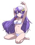  armpits arms_up bare_legs bare_shoulders barefoot bikini blue_eyes bow breasts cleavage crescent crescent_hair_ornament front-tie_top full_body hair_bow hair_ornament iwatobi_hiro long_hair looking_at_viewer medium_breasts navel no_hat no_headwear patchouli_knowledge pose purple_hair shiny shiny_skin sidelocks simple_background solo swimsuit touhou very_long_hair white_background 