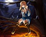  1girl barbariank blonde_hair boots breasts character_request full_moon in_tree knee_boots kunai long_hair moon nail_polish night night_sky shin_sangoku_musou sitting sitting_in_tree sky solo tree wang_yuanji weapon yellow_eyes 