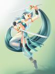  1girl dual_wielding earrings exotic harem_pants jewelry lyra_heartstrings maxwindy multicolored_hair my_little_pony my_little_pony_friendship_is_magic necklace pants personification sandals standing_on_one_leg sword two-tone_hair weapon 