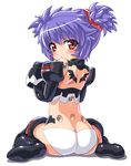  altines ass bad_id bad_pixiv_id blush busou_shinki dd_(ijigendd) doll_joints elbow_gloves from_behind gloves looking_back purple_hair red_eyes short_twintails sitting solo thighhighs twintails wariza 