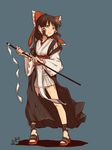  alternate_costume bow brown_hair full_body gohei hair_bow hakurei_reimu kawashina_(momen_silicon) kourindou_tengu_costume short_hair solo touhou 