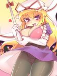  1girl blonde_hair bra breast_hold breasts elbow_gloves female ginku_mh gloves hat heart huge_breasts long_hair miniskirt open_mouth panties pantyhose pantyshot parasol pink_bra pointy_ears purple_eyes skirt skirt_flip solo touhou umbrella underwear upskirt white_gloves yakumo_yukari 