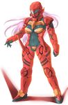  bodysuit breasts helmet large_breasts long_hair original pink_hair power_suit simple_background skin_tight solo vuccha white_background 