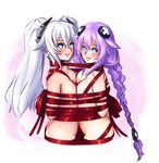  arms_behind_back barbariank bdsm black_heart blue_eyes blush bondage bound bound_together braid breast_press hair_ornament kami_jigen_game_neptune_v long_hair multiple_girls naked_ribbon neptune_(series) no_legs nude purple_hair purple_heart red_ribbon ribbon ribbon_bondage symmetrical_docking twin_braids twintails very_long_hair white_hair yuri 