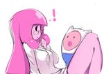  1boy 1girl adventure_time alternate_hairstyle bubble_blowing chewing_gum eye_contact finn_the_human glasses hair_down hat labcoat long_hair looking_at_another pink_hair pink_skin princess_bonnibel_bubblegum sexually_suggestive sho-n-d simple_background white_background 