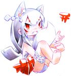  animal_ears barefoot bell collar commentary_request fang fox_ears fox_shadow_puppet full_body inari jingle_bell long_hair mapico open_mouth original red_eyes simple_background solo white_background 