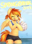  anthro anthrofied ball beach beach_ball brown_eyes clothing cutie_mark english_text equine female friendship_is_magic hair horse mammal my_little_pony navel orange_hair outside pegasus pony ponytail seaside shorts sky solo spitfire_(mlp) spittfire spring_break text two_tone_hair water wings wonderbolts_(mlp) 