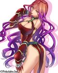  armor bare_shoulders breasts claws cleavage elbow_gloves finger_to_mouth gloves gradient_hair kawagoe_pochi large_breasts looking_at_viewer multicolored_hair pink_hair purple_hair sangoku_infinity smile solo thighs yellow_eyes zhao_lei_(sangoku_infinity) 