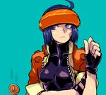  armed_police_batrider blue_eyes blue_hair extend fingerless_gloves gloves hat jacket moggel open_clothes open_jacket short_hair shorty sketch solo unzipped zipper 