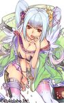  bare_shoulders blue_hair breasts cleavage eating finger_to_mouth from_above gun hair_ornament kawagoe_pochi large_breasts long_hair looking_at_viewer looking_up open_mouth original red_eyes sengoku_gensoukyoku sitting solo thigh_strap thighhighs twintails weapon 