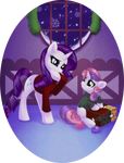  blue_eyes clothing cub cutie_mark duo equine female feral friendship_is_magic fur gift green_eyes hair horn horse mammal my_little_pony pony purple_hair rarity_(mlp) rizcifra sitting snow snowing sticky_tape sweater sweetie_belle_(mlp) two_tone_hair unicorn white_fur young 