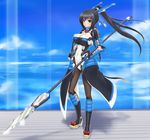  armor black_hair black_legwear bodysuit boots bow breasts cleavage cloud day fingerless_gloves gloves highres honda_futayo kyoukaisenjou_no_horizon large_breasts long_hair pantyhose polearm ponytail purple_eyes rasukaru sky solo spear tonbokiri_(horizon) weapon 