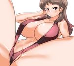  1girl blush breasts brown_eyes brown_hair female highres huge_breasts long_hair lying simple_background sling_bikini spread_legs swimsuit tamanegiya 