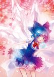  blue_dress blue_eyes blue_hair bow buttons cirno crystal dress floral_background flower gradient gradient_background hair_bow ice leaning looking_at_viewer open_hand open_mouth outstretched_arm puffy_short_sleeves puffy_sleeves short_hair short_sleeves solo touhou wings yutsuka_(amyucca) 