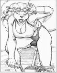  anthro beach bicycle big_breasts bikini blonde_fur blonde_hair breasts cleavage clothed clothing eyelashes eyewear female flowing_hair fluffy_tail greyscale hair half-closed_eyes leotard long-tailed_weasel long_hair long_tail looking_at_viewer mammal monochrome mustelid one_eye_closed open_mouth oscar_marcus pinup pose sand seaside shirt sitting smile solo sunglasses swimsuit tank_top tight_clothing weasel wink 