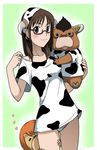  animal_ears animal_print azazel breasts brown_hair cosplay cow cow_horns cow_print glasses highres horns kakkii lingerie moloch panties sakuma_rinko small_breasts underwear yondemasu_yo_azazel-san. 