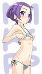  bikini blush breasts covered_nipples dokidoki!_precure k10k kenzaki_makoto micro_bikini navel precure purple_eyes purple_hair short_hair side-tie_bikini small_breasts solo swimsuit 