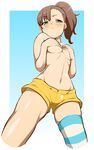  blush breasts brown_hair chousoku_henkei_gyrozetter covering covering_breasts green_eyes hokuto_(tokuho) inaba_rinne long_hair looking_at_viewer medium_breasts navel pout raised_eyebrow short_shorts shorts single_thighhigh solo striped striped_legwear sweatdrop thighhighs topless 