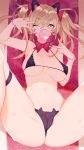  ;) absurdres animal_ears animal_print bangs bead_bracelet beads black_bra black_cat_d.va black_panties blonde_hair bow bowtie bra bracelet breasts breasts_apart bubble_blowing cameltoe cat_ears cat_panties cat_print chewing_gum closed_mouth collarbone d.va_(overwatch) eyebrows_visible_through_hair eyes_visible_through_hair fang_out hair_between_eyes hand_on_hip heart heart-shaped_pupils highres jewelry lace lace-trimmed_bra long_hair looking_at_viewer medium_breasts micro_bra midriff nail_polish nanoless navel one_eye_closed overwatch paid_reward panties patreon_reward print_panties purple_neckwear sidelocks skindentation smile solo spread_legs stomach strap_gap symbol-shaped_pupils thigh_strap twintails uncensored underwear v v_over_eye 
