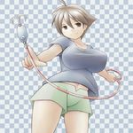  1girl ahoge breasts brown_eyes brown_hair checkered checkered_background fishing_hook fishing_line fishing_lure highres huge_breasts navel shirt short_hair shorts smile solo t-shirt umihara_kawase umihara_kawase_(character) 