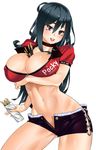  aithne_(khalitzburg) between_breasts black_hair breasts brown_eyes choker denim denim_shorts food large_breasts long_hair navel original pocky product_placement short_shorts shorts simple_background smile solo white_background zipper zonda_(solid_air) 