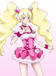 blonde_hair boots bow breasts choker cure_peach dress earrings fresh_precure! hair_ornament hairpin heart heart_hair_ornament highres jewelry kijinaka_mahiro long_hair magical_girl medium_breasts momozono_love pink_bow pink_choker pink_eyes precure revision ribbon smile solo twintails wrist_cuffs 