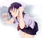  adjusting_hair blush closed_eyes drinking drinking_fountain faucet leaning_forward mole mole_under_eye original purple_hair school_uniform serafuku skirt solo takeuchi_aya water 