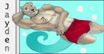  anthro arms_behind_head balls biceps big black_nose blue_background brown_fur bulge clothing flexing fur green_eyes grin hyper looking_at_viewer lying male mammal muscles mustelid necklace on_back on_side otter pecs penis plain_background pose shorts sketch smile solo swimming swimsuit tan_fur topless trunks trunks_(clothing) water wet y0l0 