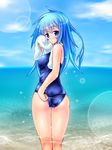  ass blue_eyes blue_hair breasts cloud day duel_monster eria kogarashi_(wind_of_winter) lens_flare long_hair looking_at_viewer looking_back medium_breasts one-piece_swimsuit partially_submerged school_swimsuit sky swimsuit towel water wet yuu-gi-ou 