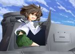  akiyama_yukari brown_eyes brown_hair cloud day girls_und_panzer gloves green_skirt ground_vehicle military military_vehicle motor_vehicle ooarai_school_uniform open_mouth panzerkampfwagen_iv pleated_skirt school_uniform serafuku short_hair skirt sky solo taiyaki_a tank 