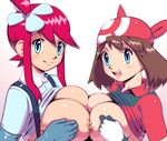  :d apostle bandana blue_eyes blush breast_hold breast_press breasts breasts_outside brown_hair fuuro_(pokemon) gloves haruka_(pokemon) large_breasts long_hair multiple_girls nipples open_mouth pokemon pokemon_(game) pokemon_bw pokemon_rse red_hair shirt_lift smile suspenders symmetrical_docking 