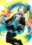  39 aqua_eyes aqua_hair boots detached_sleeves hand_on_own_chest hatsune_miku headset long_hair necktie open_mouth ruchiru skirt solo thigh_boots thighhighs twintails very_long_hair vocaloid 