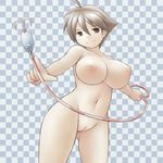  1girl ahoge blush breasts brown_eyes brown_hair checkered checkered_background fishing_hook fishing_line fishing_lure highres huge_breasts navel nipples nude pussy short_hair smile solo umihara_kawase umihara_kawase_(character) 