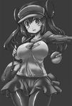  bag breasts double_bun greyscale large_breasts long_hair mei_(pokemon) monochrome pantyhose poke_ball pokemon pokemon_(game) pokemon_bw2 raglan_sleeves satchel shorts smile solo taut_clothes tokyo_(great_akuta) twintails visor_cap 