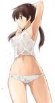  armpits arms_behind_head arms_up ass_visible_through_thighs breasts brown_eyes brown_hair covered_nipples gertrud_barkhorn long_hair medium_breasts mozu_(peth) navel nipples panties see-through solo strike_witches sweat tank_top twintails underwear wet wet_clothes wet_panties world_witches_series 