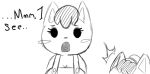  2017 animal_crossing anthro apron blush breasts cat cleavage clothed clothing dialogue eyelashes eyeshadow feline female fur hair hat kaitlin_(animal_crossing) katie_(animal_crossing) lipstick makeup mammal monochrome nintendo open_mouth roy_mccloud simple_background solo_focus text video_games white_background 