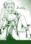  barefoot breasts cum dress dress_lift facial freyja_(p&amp;d) hat heart highres jewelry large_breasts monochrome necklace nikke_(cherish) nipples no_panties pubic_hair puzzle_&amp;_dragons ribbon solo wristband 