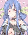  bare_shoulders blue_hair blush bow breasts buckle center_opening choker cleavage detached_sleeves dizzy guilty_gear hair_bow hair_ribbon heart large_breasts long_hair pink_background red_eyes ribbon solo underboob utakama 