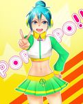  aqua_eyes aqua_hair hand_on_hip hatsune_miku headphones highres jersey_(module) midriff navel noboes open_mouth poppippoo_(vocaloid) project_diva_(series) project_diva_2nd skirt solo v vocaloid 